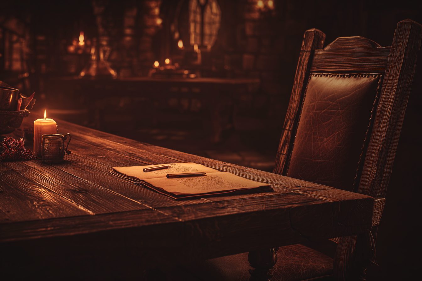 An empty chair at the head of a candlelit table