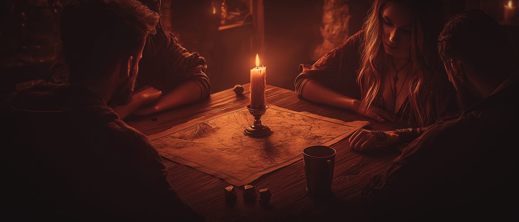 A group gathered around a map by candlelight