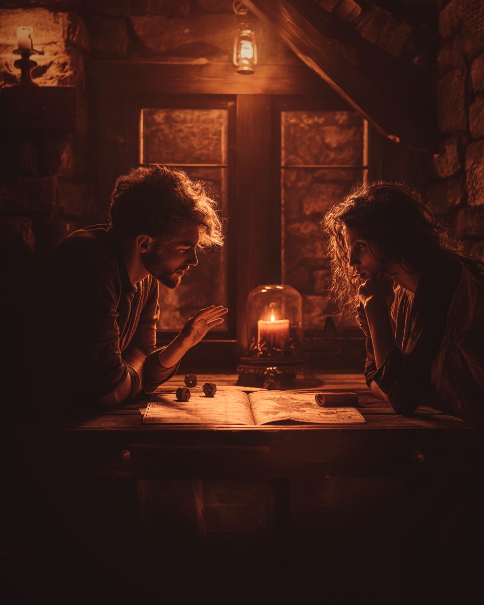 Two players leaning over a map by candlelight